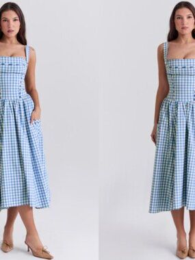 HOUSE OF CB 'Vivien' Regatta Blue Gingham Midi Sundress NWOT